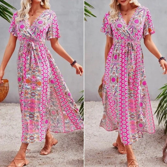 Boho floral print butterfly sleeve maxi dress - Picture 3 of 8